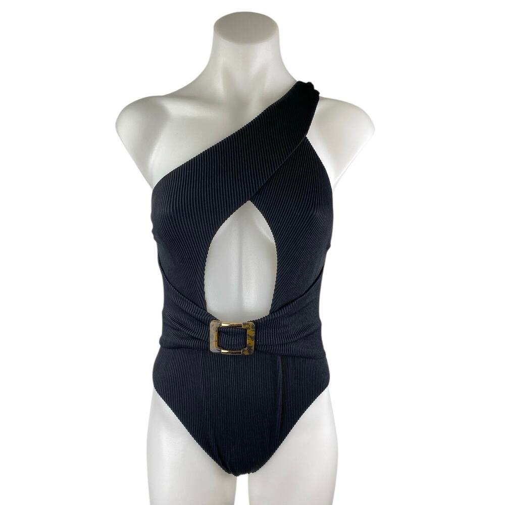River Island Black Sleeveless One Shoulder Cutout Buckle One piece Swimsuit Sz 8